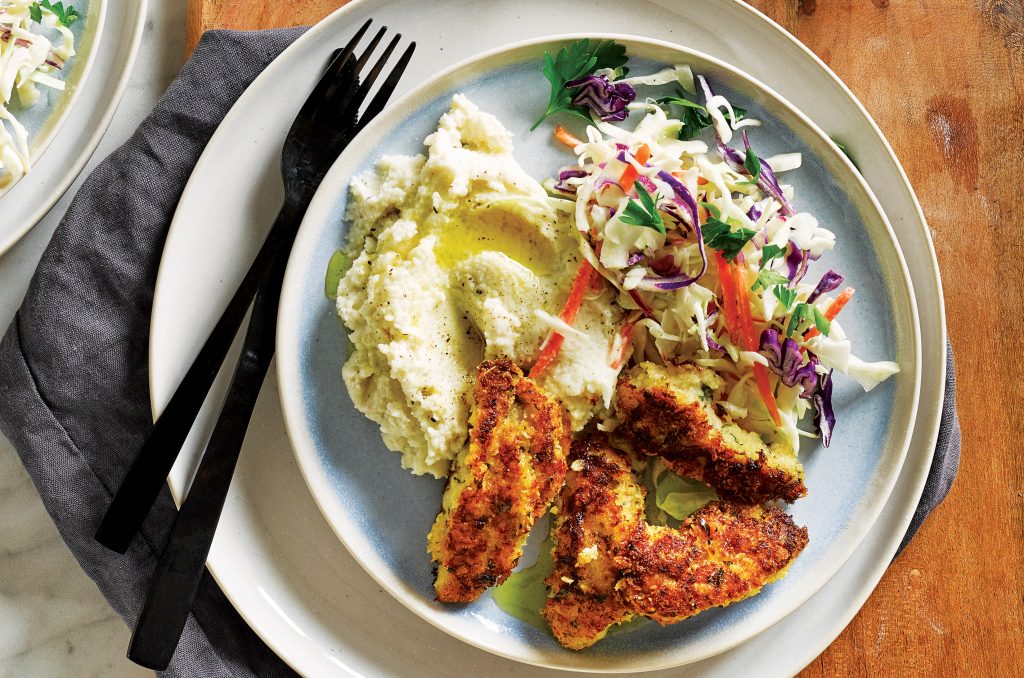 Crumbed chicken with coleslaw and cauliflower mash Crumbed chicken with coleslaw and cauliflower mash