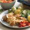 Grilled chicken with creamy potato salad and fresh apricot salsa