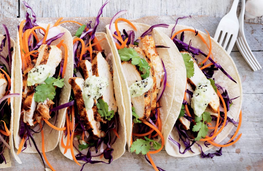 Spicy chicken tacos with slaw and avocado dressing Spicy chicken tacos with slaw and avocado dressing