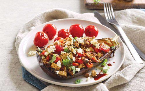 Stuffed eggplant with roasted tomatoes