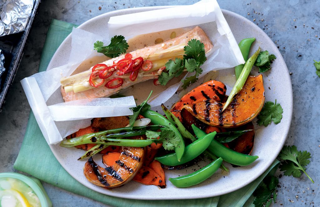 Coconut salmon parcels with pumpkin salad