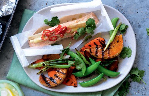 Coconut salmon parcels with pumpkin salad