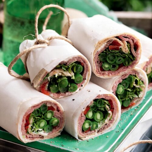 Roast beef, capsicum and green bean wraps