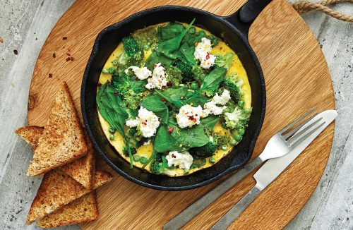 Spinach, broccoli and pesto open omelette with lemon ricotta