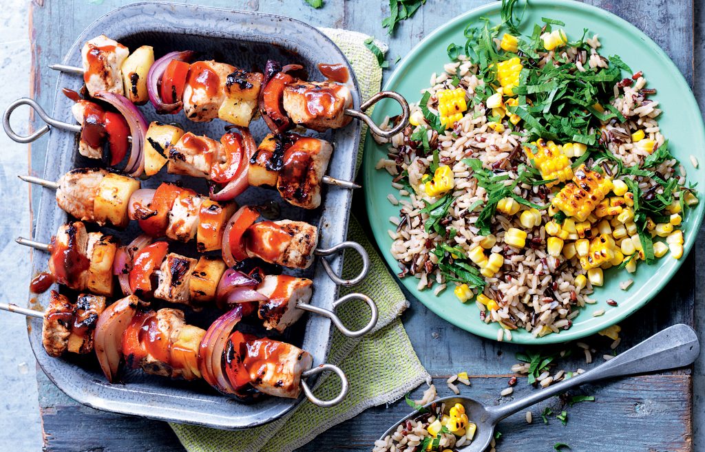 Sweet ‘n’ spicy chicken and vege skewers with rice Sweet ‘n’ spicy chicken and vege skewers with rice