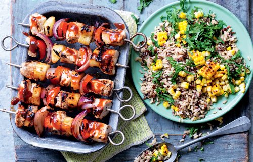 Sweet ‘n’ spicy chicken and vege skewers with rice