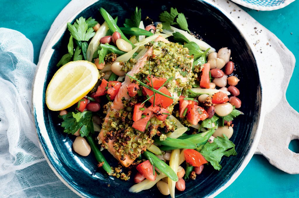 Almond-crusted salmon with bean salad and salsa
