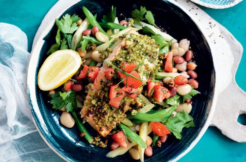 Almond-crusted salmon with bean salad and salsa