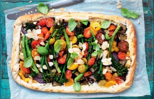 Broccolini, lentil, roasted vegetable and ricotta tart