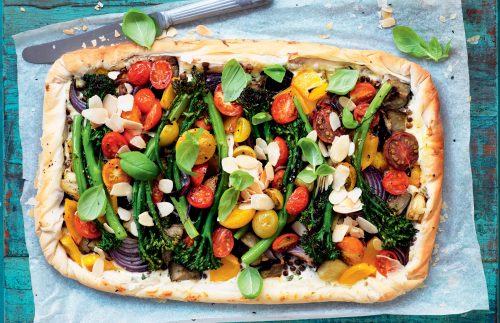 Broccolini, lentil, roasted vegetable and ricotta tart