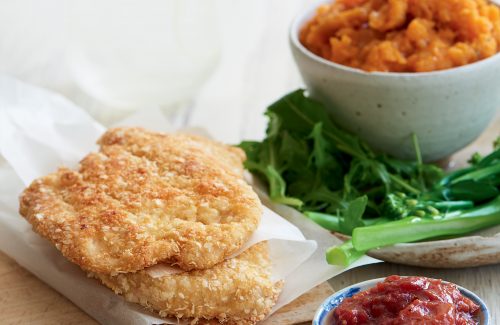 Chicken schnitzel with mashed kumara