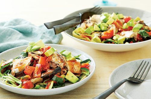 Courgette ‘pasta’ with fresh tomato sauce and spicy sardines