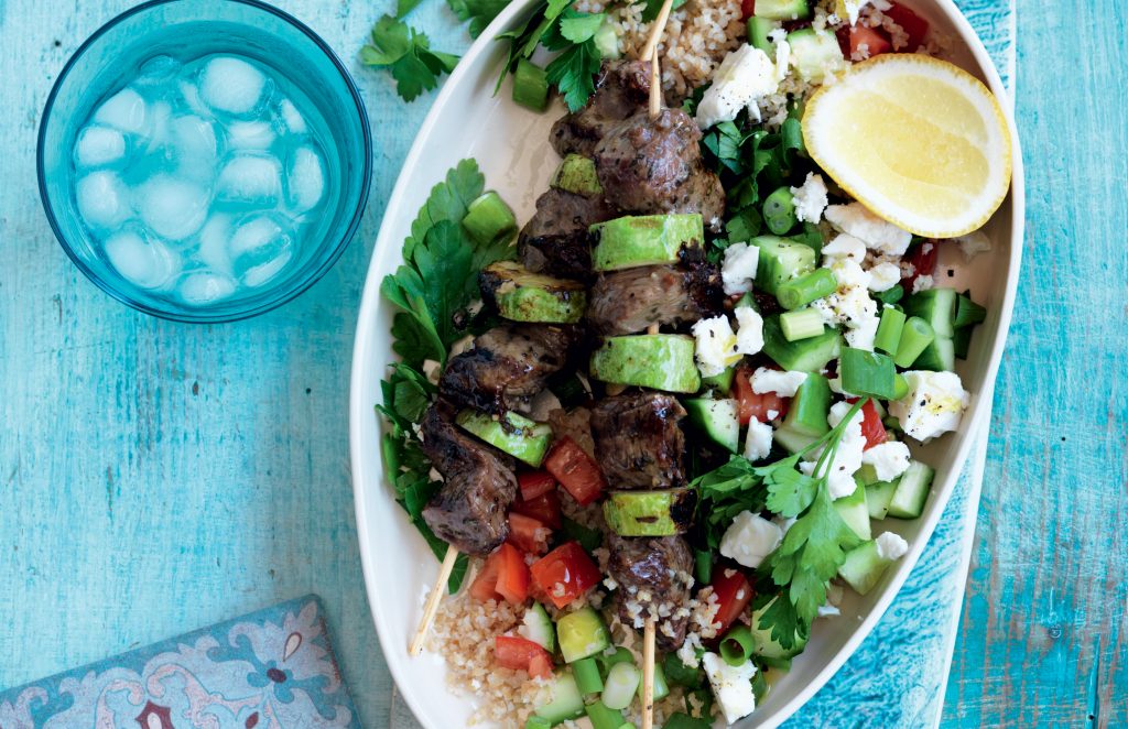 Lamb souvlaki with bulgar, tomato and feta salad Lamb souvlaki with bulgar, tomato and feta salad
