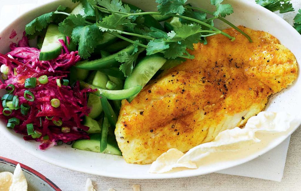 Spiced fish with beetroot raita Spiced fish with beetroot raita