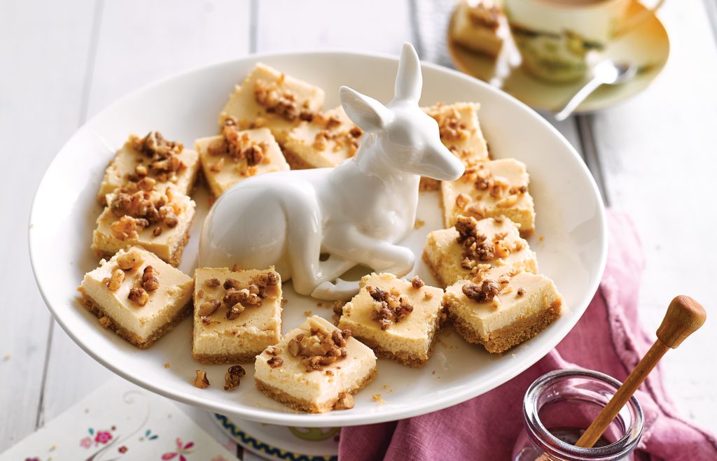 Baked honey cheesecake bites with toasted walnut crumb