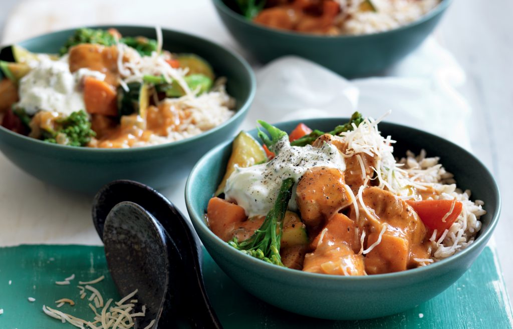 Chicken and vegetable red curry with cucumber and coconut sambal Chicken and vegetable red curry with cucumber and coconut sambal