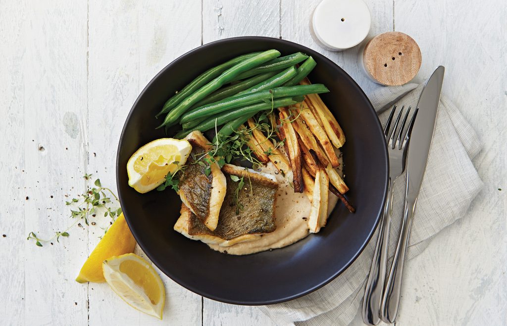 Lemon fish with butter bean mash and parsnip fries Lemon fish with butter bean mash and parsnip fries