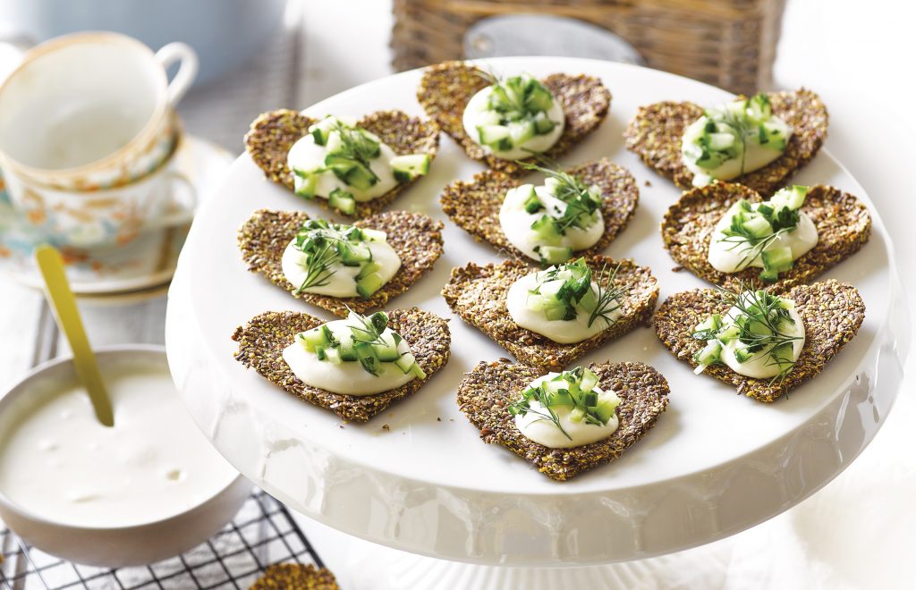 Linseed crackers with whipped feta and herbed cucumber Linseed crackers with whipped feta and herbed cucumber