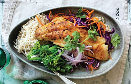 Spiced fish with slaw and coconut rice
