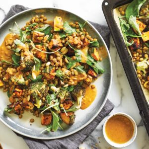 Warm broccoli and miso-roasted buttercup salad with peanut dressing