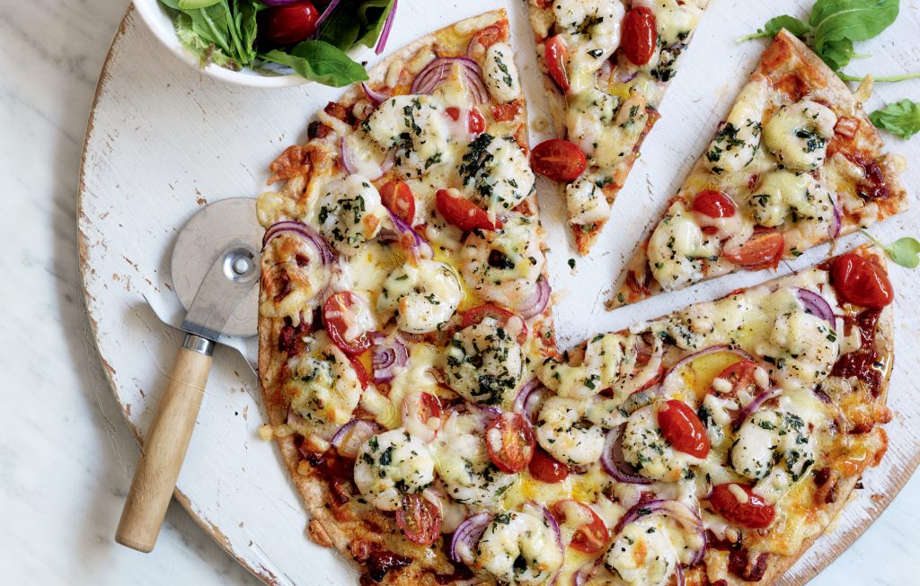 Prawn, tomato and basil pizza Prawn, tomato and basil pizza