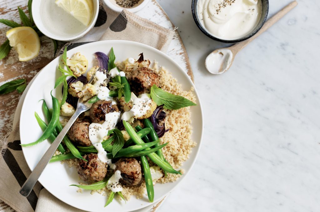 Spiced lamb meatballs with baked cauliflower salad Spiced lamb meatballs with baked cauliflower salad