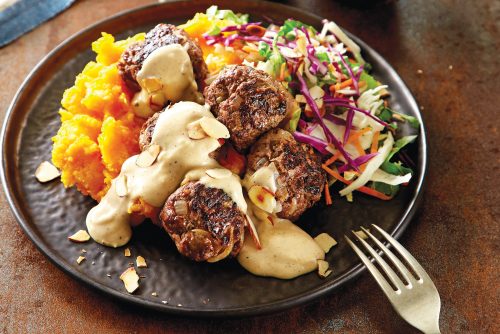 Swedish meatballs with vege mash and slaw