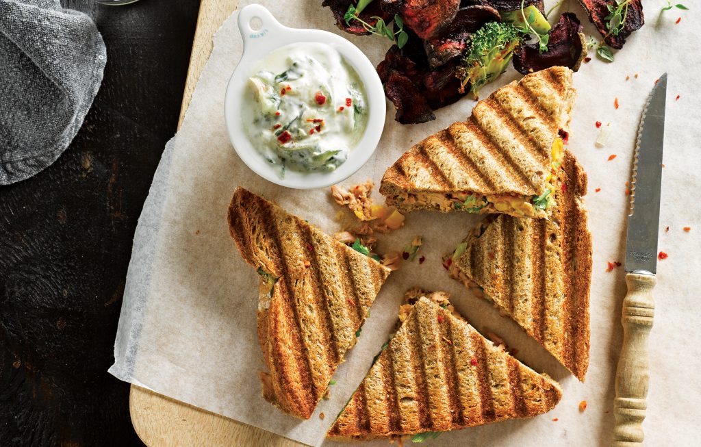 Tuna, corn and onion toasties with vege chips Tuna, corn and onion toasties with vege chips