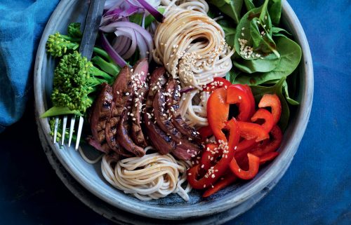 Warm wasabi beef, soba noodle and spinach salad
