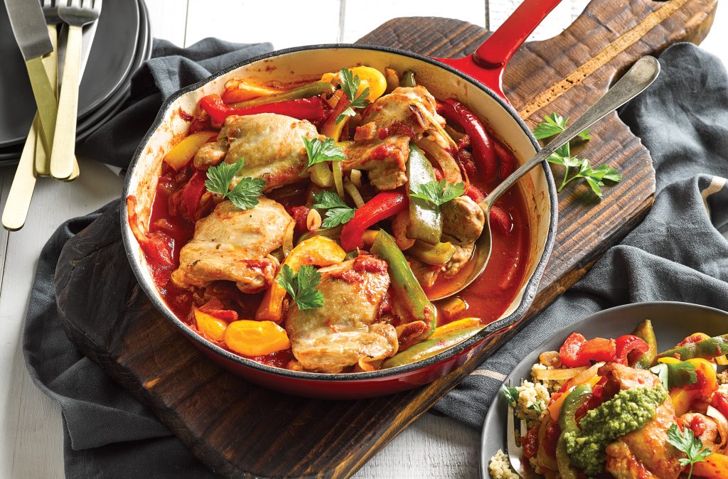 Crispy chicken thighs with capsicum and pesto Crispy chicken thighs with capsicum and pesto