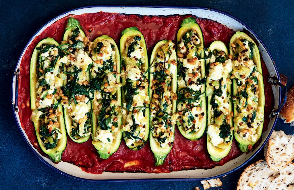 Spinach, pine nut and ricotta stuffed courgette bake Spinach, pine nut and ricotta stuffed courgette bake