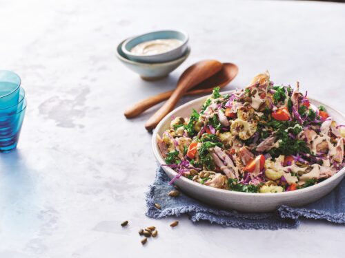 Chicken and roast veg salad with lemon chilli dressing