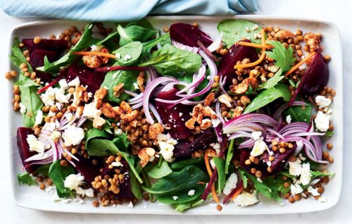 Baby beetroot, feta and lentil salad