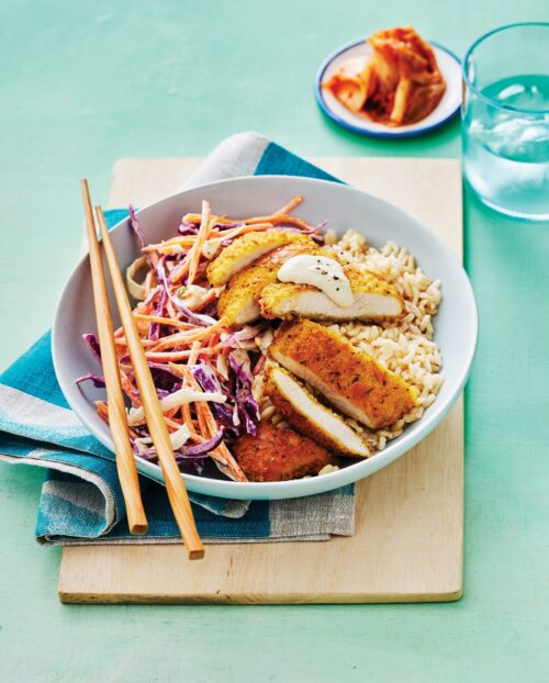 Katsu chicken with slaw and rice