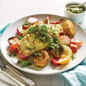 Salsa verde fish with warm salad