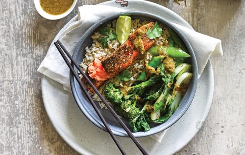 Green tea salmon with miso greens