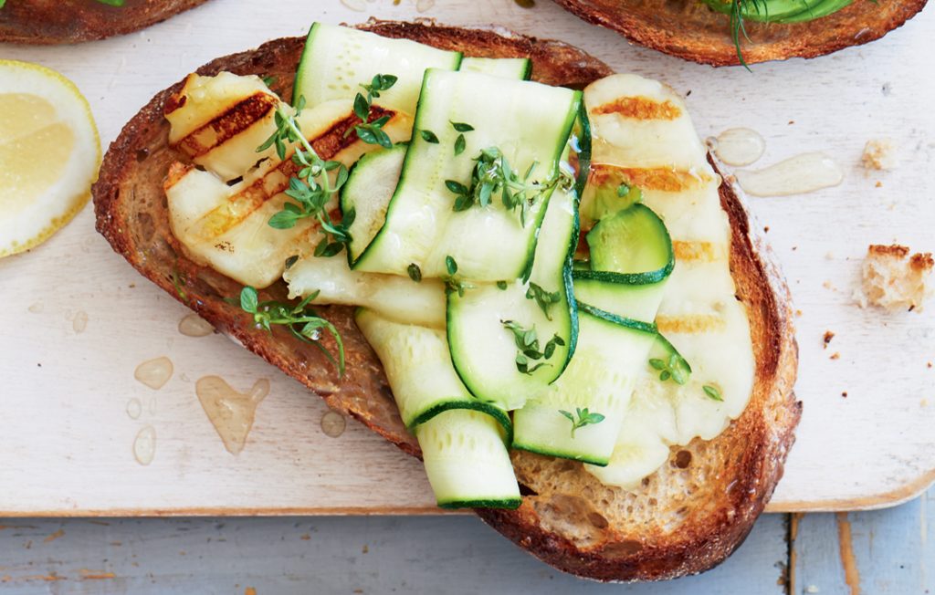 Grilled haloumi, courgette and thyme bruschetta Grilled haloumi, courgette and thyme bruschetta