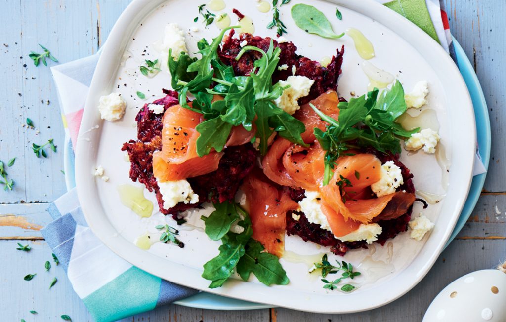 Honeyed ricotta, beetroot and thyme fritters with smoked salmon Honeyed ricotta, beetroot and thyme fritters with smoked salmon
