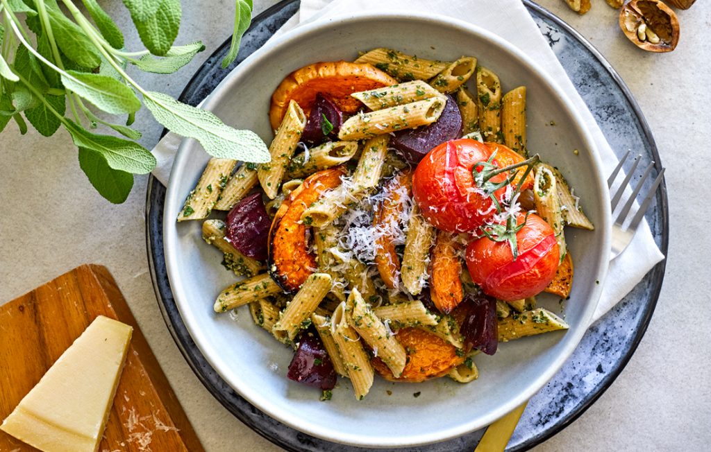 Pasta with walnut-sage pesto and roast vegetables Pasta with walnut-sage pesto and roast vegetables