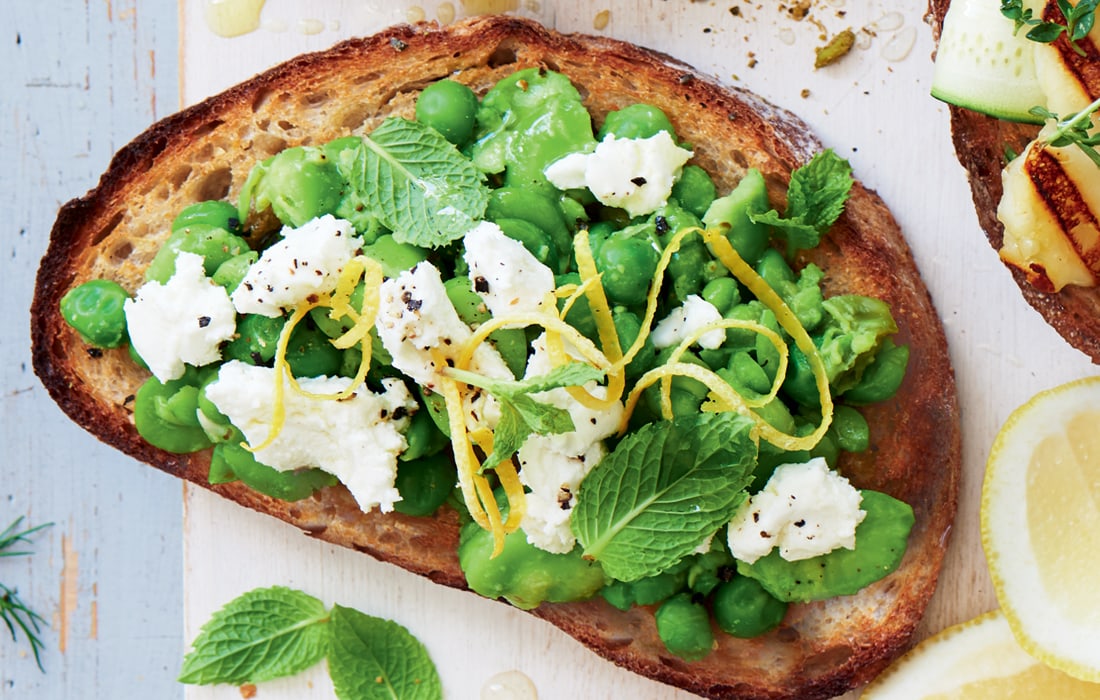 Smashed pea, broad bean and mint vegetarian bruschetta Healthy Food Guide
