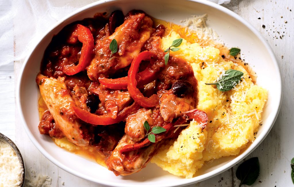 Chicken cacciatore with creamy polenta