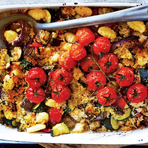 Roasted vegetable and potato gnocchi bake with avocado whip