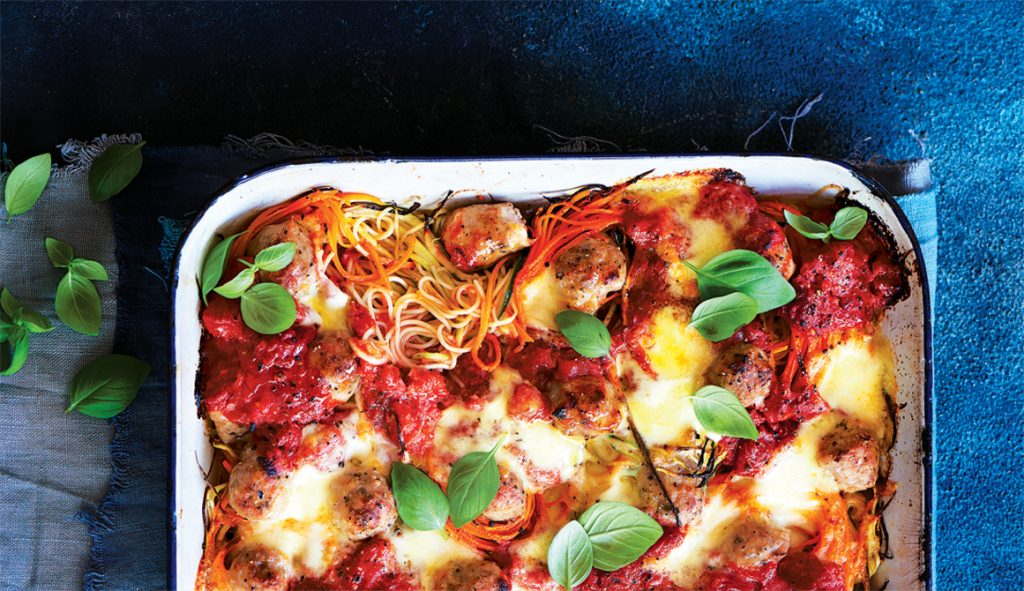 Sausage meatballs with spaghetti and zoodles