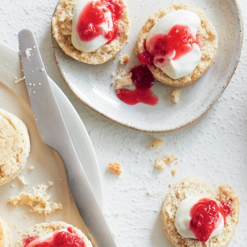 Almond scones with vanilla yoghurt and crushed berries