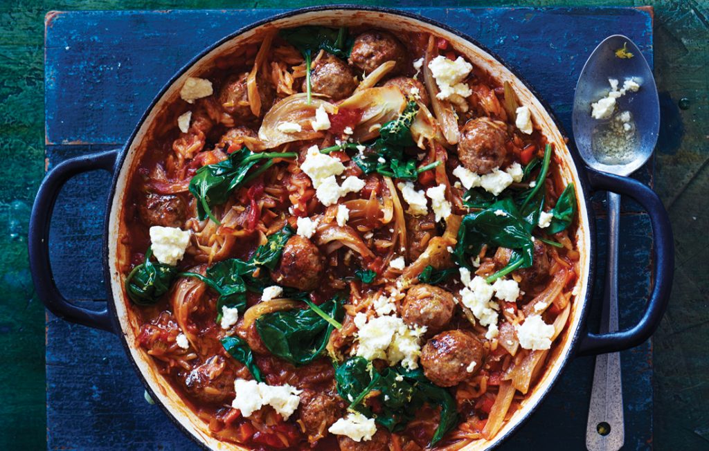 Baked Greek-style meatballs with risoni Baked Greek-style meatballs with risoni