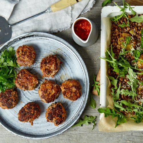 Beef and vege rissoles with lentil potato smash and tomato sauce