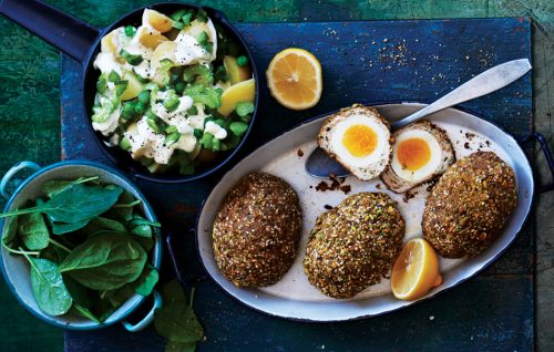 Dukkah scotch eggs with potato and pea salad