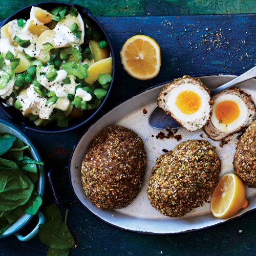 Dukkah scotch eggs with potato and pea salad