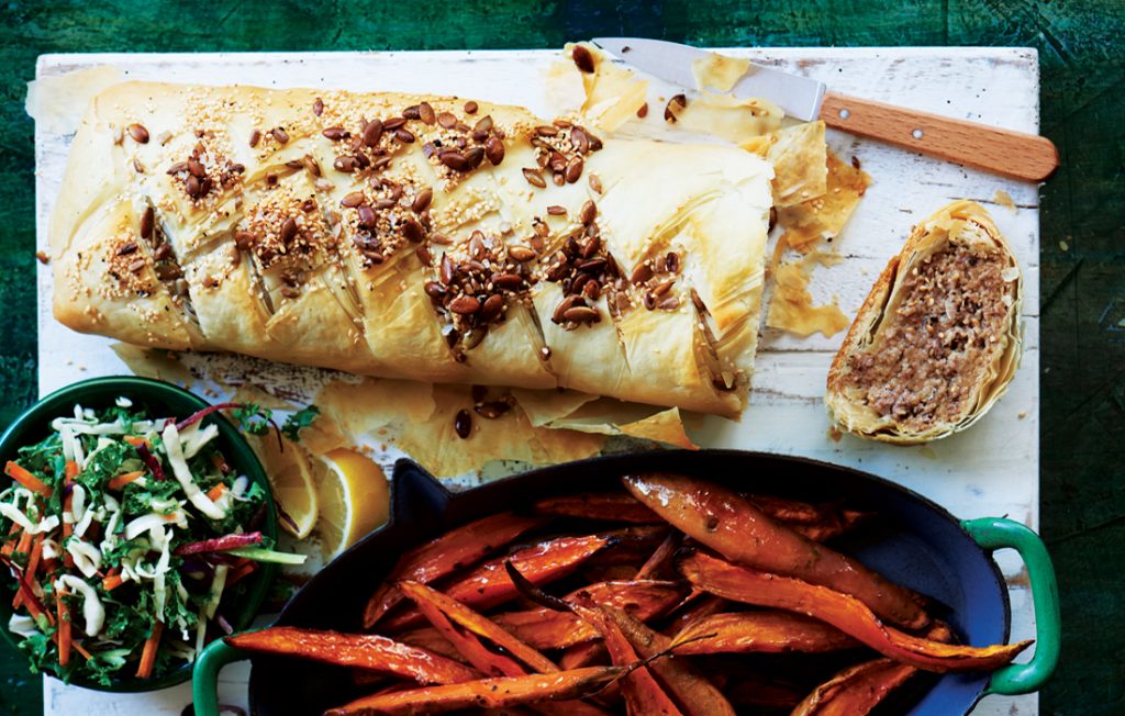 Moroccan lamb strudel with kumara wedges and kale coleslaw Moroccan lamb strudel with kumara wedges and kale coleslaw