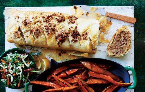 Moroccan lamb strudel with kumara wedges and kale coleslaw